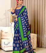 Blue printed cotton saree with blouse piece