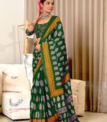 Green printed cotton saree with blouse piece