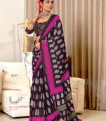 Wine printed cotton saree with blouse piece