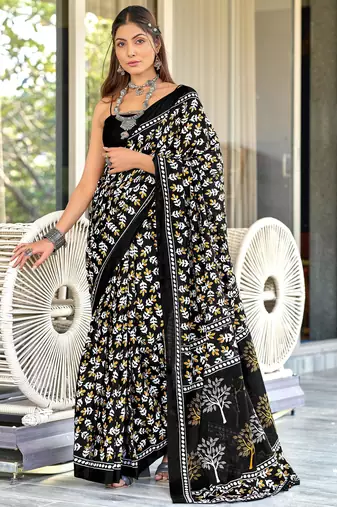 Black printed cotton saree with blouse piece