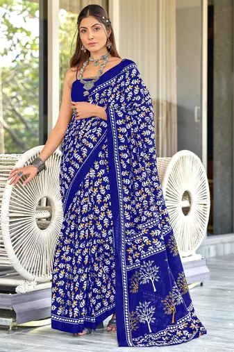 Blue printed cotton saree with blouse piece