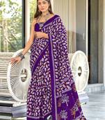 Purple printed cotton saree with blouse piece