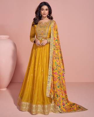 Yellow embroidered chinon free size anarkali suit 1