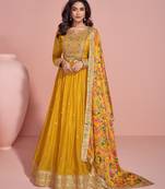 Yellow embroidered chinon free size anarkali suit
