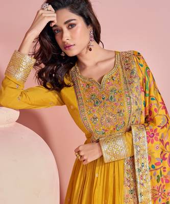 Yellow embroidered chinon free size anarkali suit 2