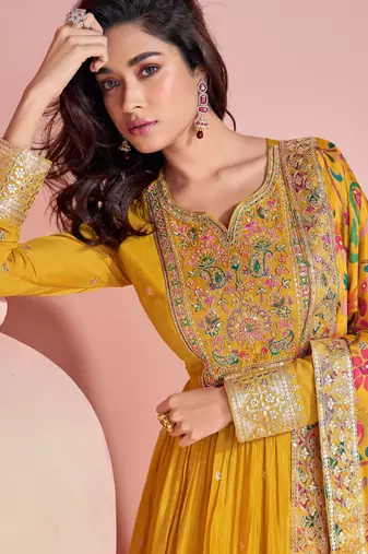 Yellow embroidered chinon free size anarkali suit