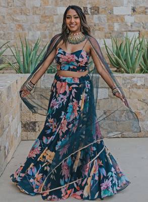 Digital Print Faux Georget Multi Sequnce LaceWork Lehenga Choli With Unstitched Blouse and Stitched print Dupatta 4