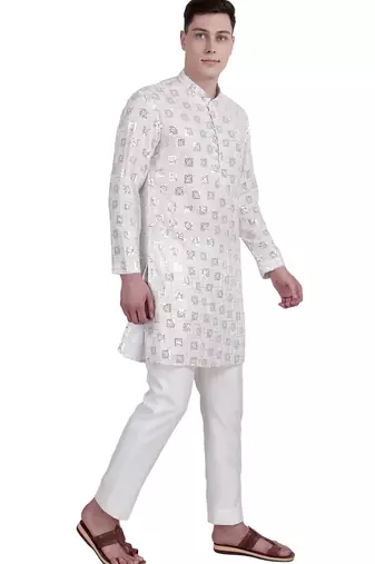 White sequin with embroidery faux georgette kurta-pajama