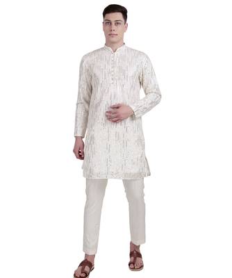 White sequin with floral embroidery faux georgette kurta-pajama 1