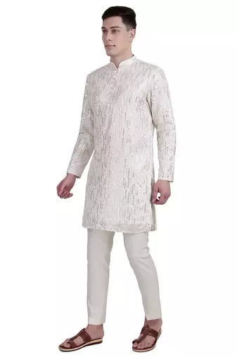 White sequin with floral embroidery faux georgette kurta-pajama