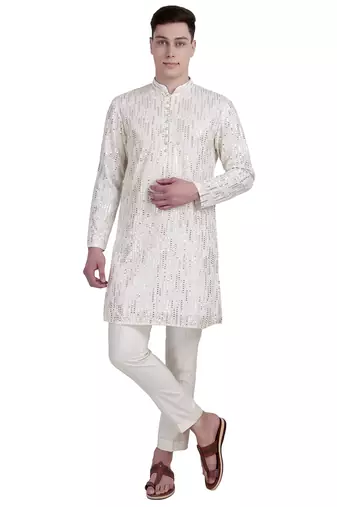 White sequin with floral embroidery faux georgette kurta-pajama