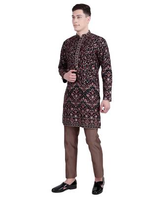 Black floral embroidered faux georgette kurta-pajama 4