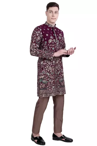 Maroon floral embroidered faux georgette kurta-pajama