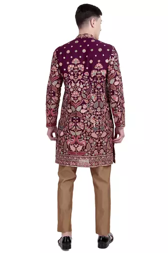 Maroon floral thread embroidered faux georgette kurta-pajama