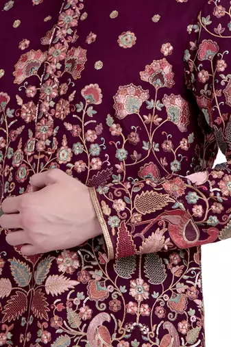 Maroon floral thread embroidered faux georgette kurta-pajama