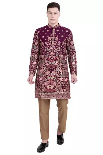 Maroon floral thread embroidered faux georgette kurta-pajama