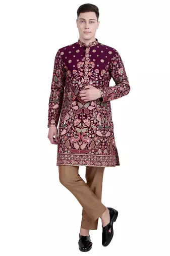 Maroon floral thread embroidered faux georgette kurta-pajama