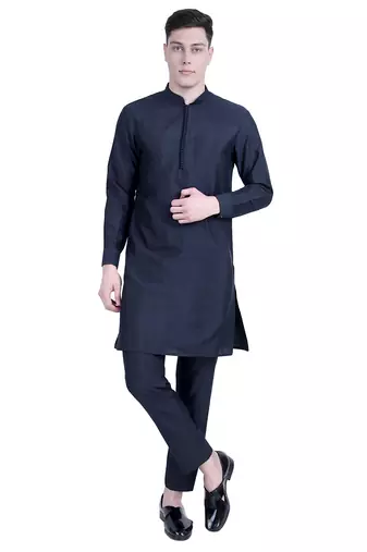 Blue embroidered cotton silk kurta set