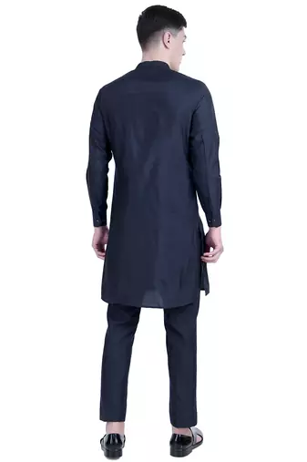 Blue embroidered cotton silk kurta set