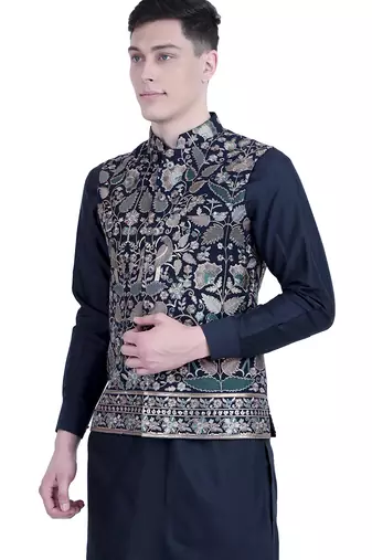 Blue plain viscose kurta-jacket-set