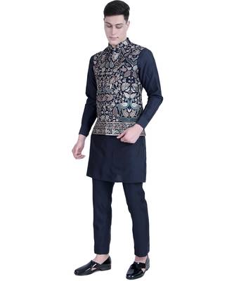 Blue plain viscose kurta-jacket-set 4