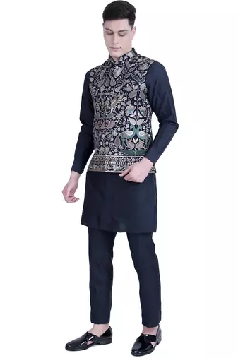 Blue plain viscose kurta-jacket-set