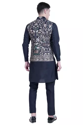 Blue plain viscose kurta-jacket-set