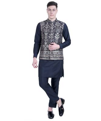 Blue embroidered viscose kurta-jacket-set 1