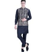 Blue embroidered viscose kurta-jacket-set