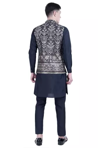 Blue embroidered viscose kurta-jacket-set