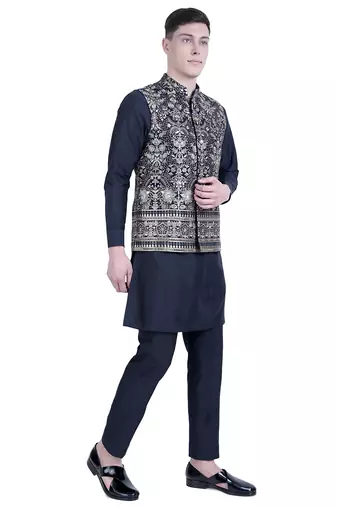 Blue embroidered viscose kurta-jacket-set