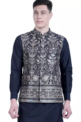 Blue embroidered viscose kurta-jacket-set