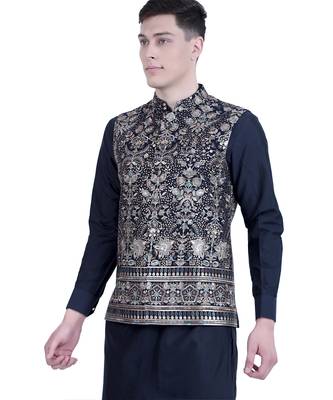 Blue embroidered viscose kurta-jacket-set 5