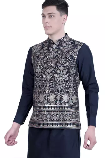 Blue embroidered viscose kurta-jacket-set