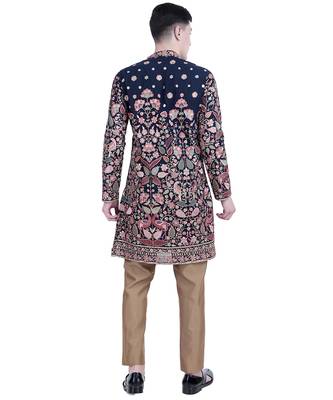 Blue floral embroidered viscose kurta-pajama 2