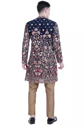 Blue floral embroidered viscose kurta-pajama