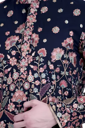 Blue floral embroidered viscose kurta-pajama