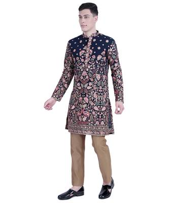 Blue floral embroidered viscose kurta-pajama 4