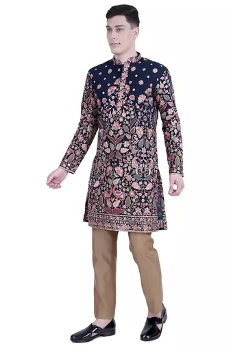 Blue floral embroidered viscose kurta-pajama