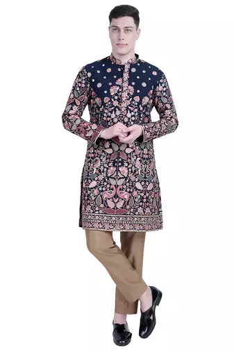 Blue floral embroidered viscose kurta-pajama