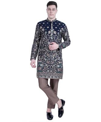 Blue floral thread embroidered viscose kurta-pajama 1