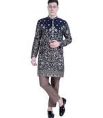 Blue floral thread embroidered viscose kurta-pajama