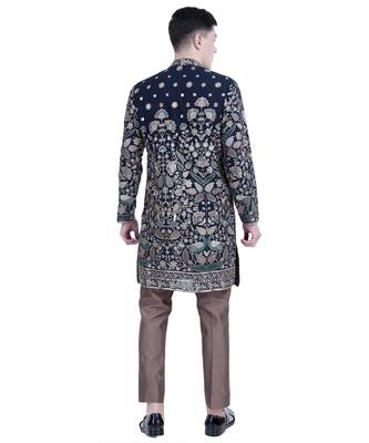 Blue floral thread embroidered viscose kurta-pajama 3