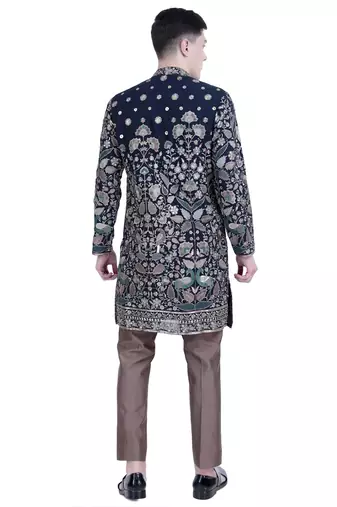 Blue floral thread embroidered viscose kurta-pajama