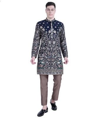 Blue floral thread embroidered viscose kurta-pajama 4