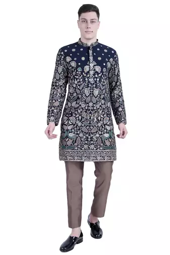Blue floral thread embroidered viscose kurta-pajama