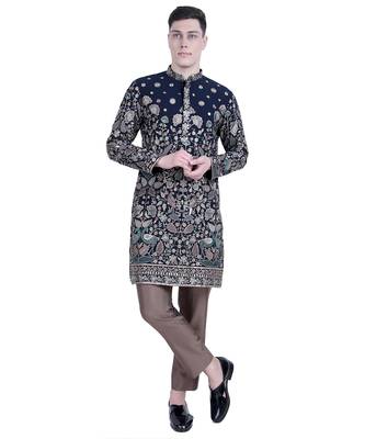 Blue floral thread embroidered viscose kurta-pajama 5