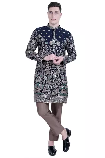 Blue floral thread embroidered viscose kurta-pajama