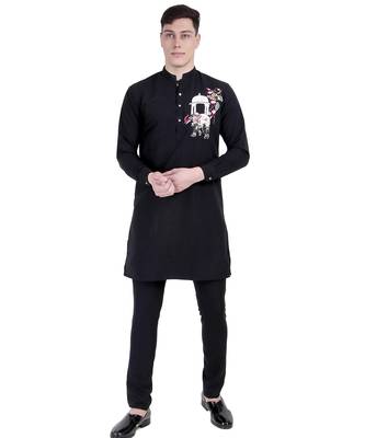 Black faux polyester plain kurta pajama with embroidery work 1