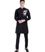 Black faux polyester plain kurta pajama with embroidery work